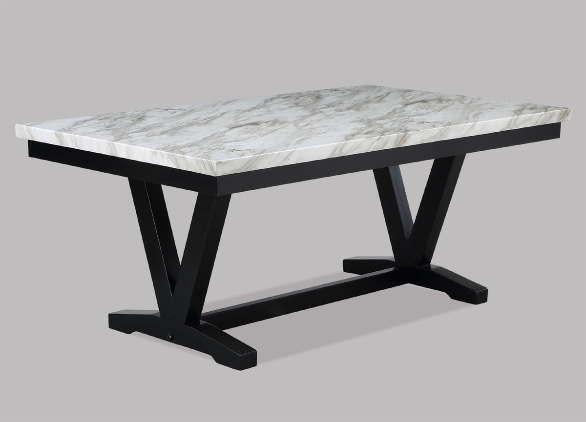 Modern White Faux Marble & Black Dining Room Rectangular Table V-Shape Trestle Design Wooden Base 1pc Furniture