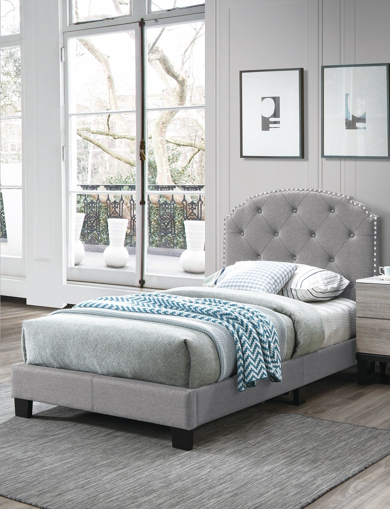 Light Gray Finish Twin Size 1pc Bed Nailhead Trim Button Tufted Burlap Fabric Bedroom Furniture
