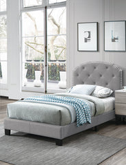 Light Gray Finish Twin Size 1pc Bed Nailhead Trim Button Tufted Burlap Fabric Bedroom Furniture