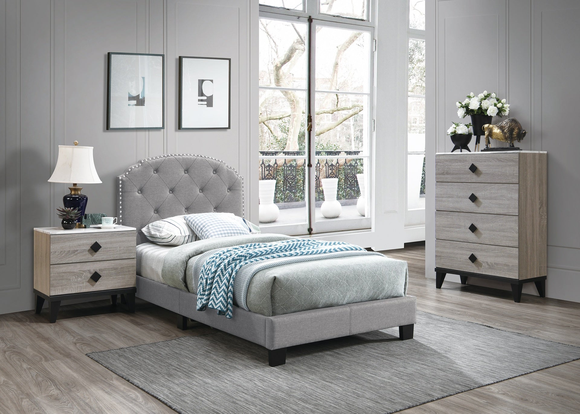 Light Gray Finish Twin Size 1pc Bed Nailhead Trim Button Tufted Burlap Fabric Bedroom Furniture