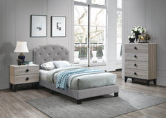 Light Gray Finish Twin Size 1pc Bed Nailhead Trim Button Tufted Burlap Fabric Bedroom Furniture
