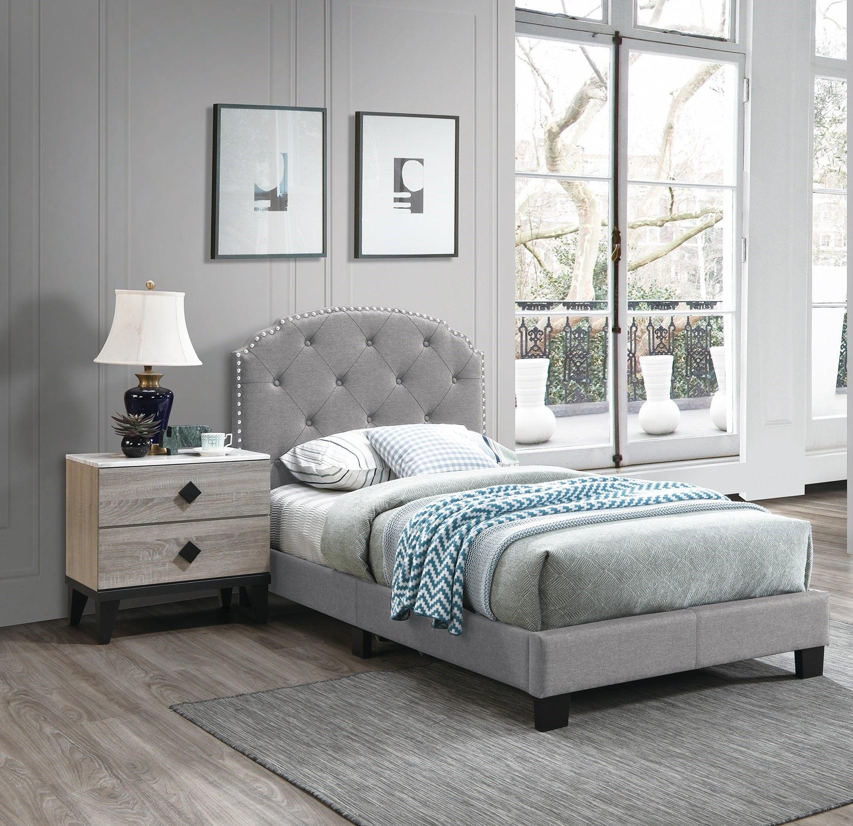 Light Gray Finish Twin Size 1pc Bed Nailhead Trim Button Tufted Burlap Fabric Bedroom Furniture