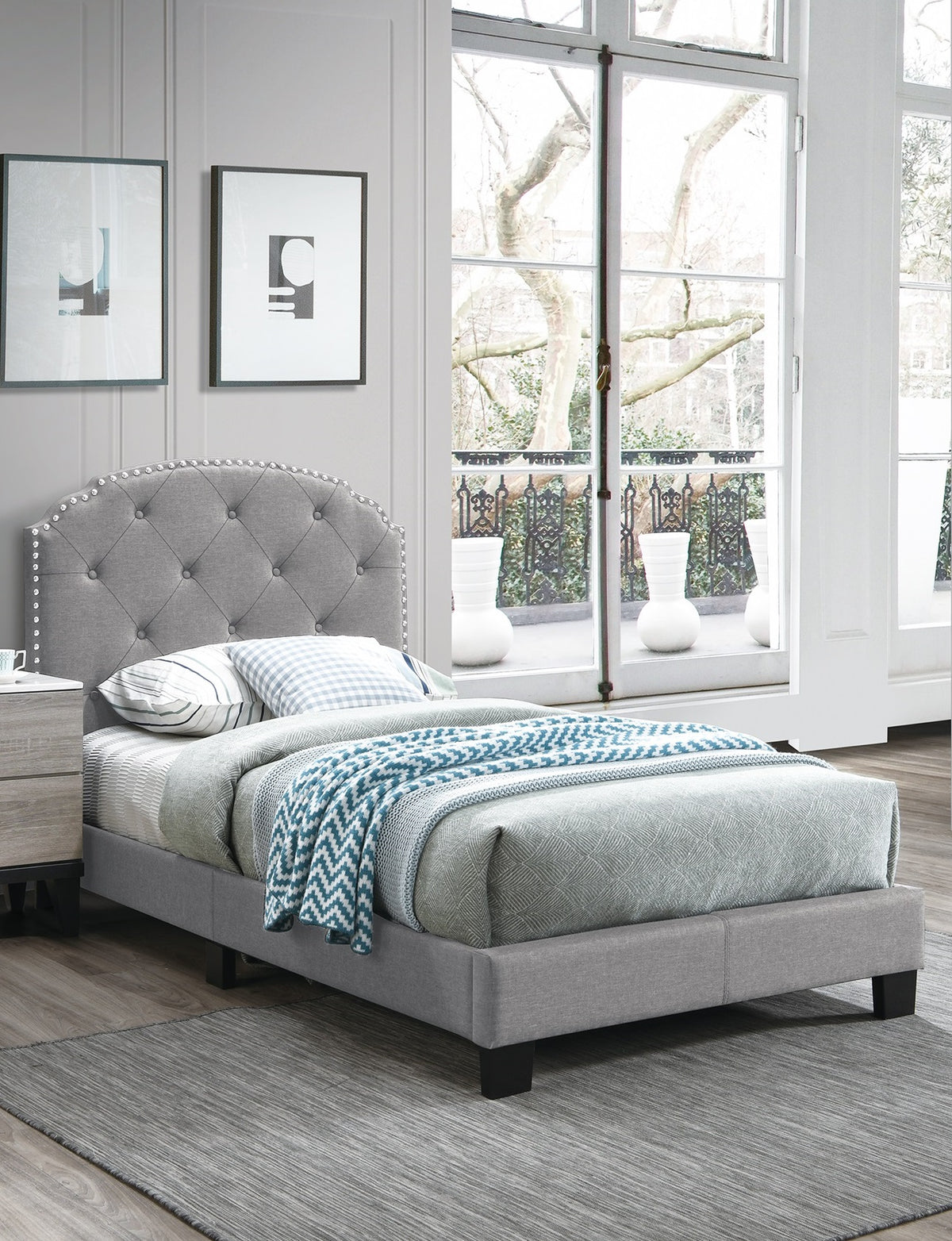 Light Gray Finish Twin Size 1pc Bed Nailhead Trim Button Tufted Burlap Fabric Bedroom Furniture