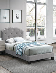 Light Gray Finish Twin Size 1pc Bed Nailhead Trim Button Tufted Burlap Fabric Bedroom Furniture