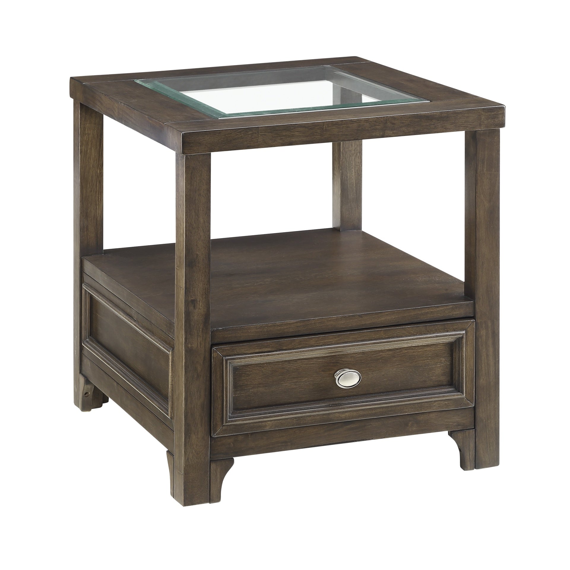 Modern Brown Finish End Table with Drawer Shelf Wooden Living Room Furniture 1pc Side Table Glass inset top
