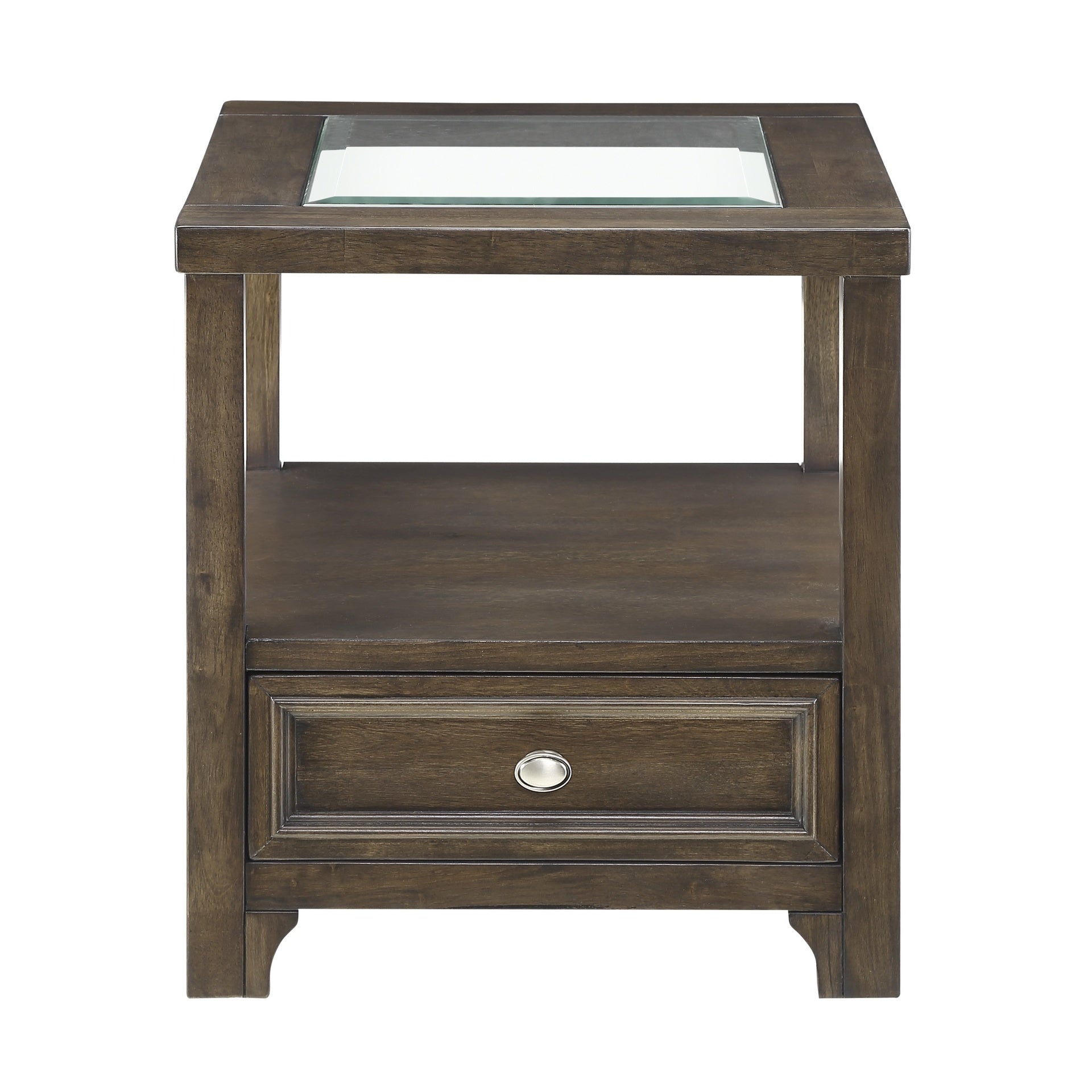 Modern Brown Finish End Table with Drawer Shelf Wooden Living Room Furniture 1pc Side Table Glass inset top