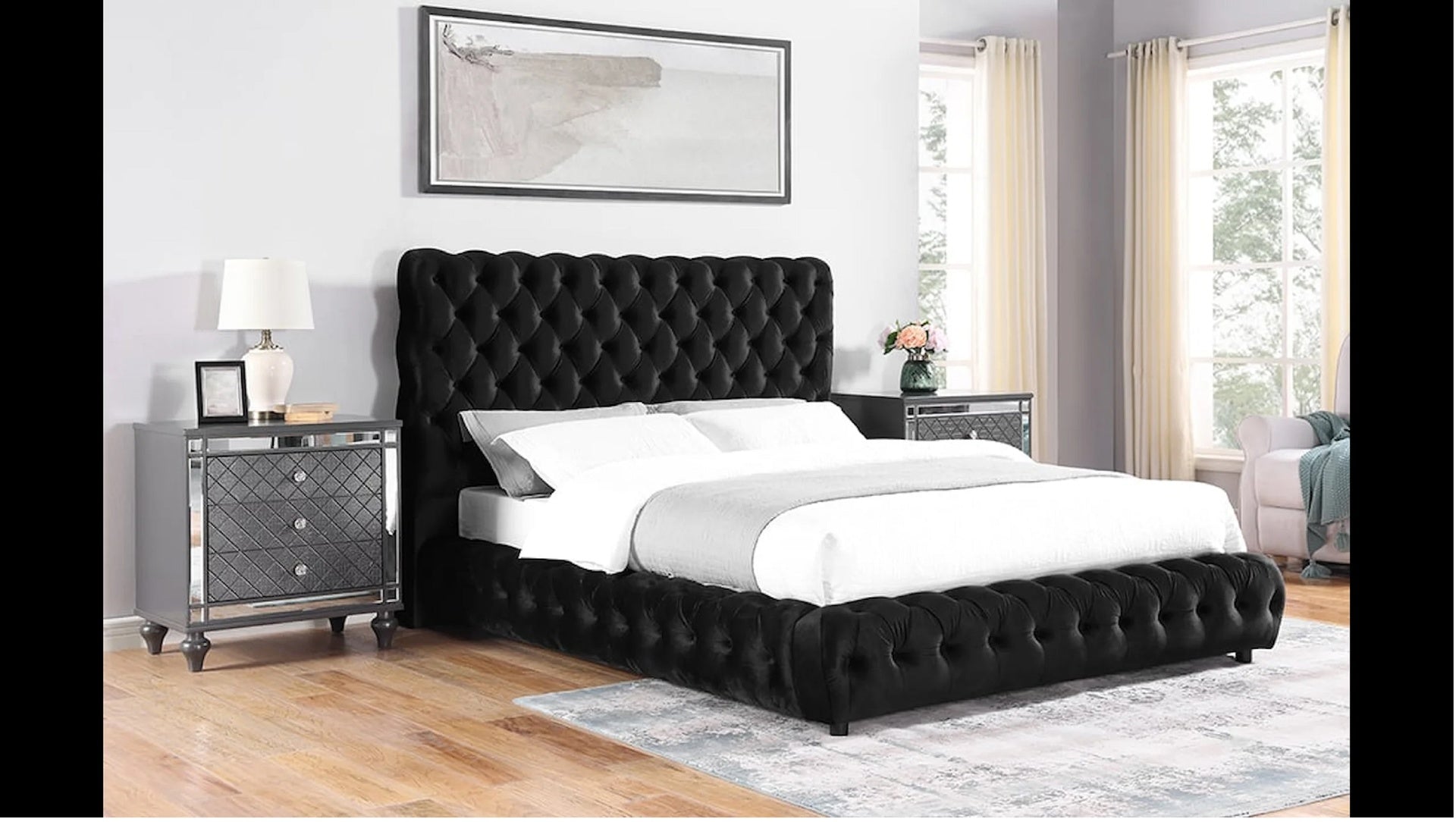 1pc Contemporary Upholstered King Bed Tufted Headboard and Footboard Wooden Luxury Glam Bedroom Furniture Black