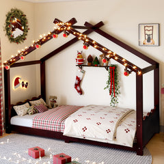 Twin House Floor Bed with Support Slats, Solid Wood House Bed Frame for Kids, No Box Spring Needed and Opening Constructure, Espresso