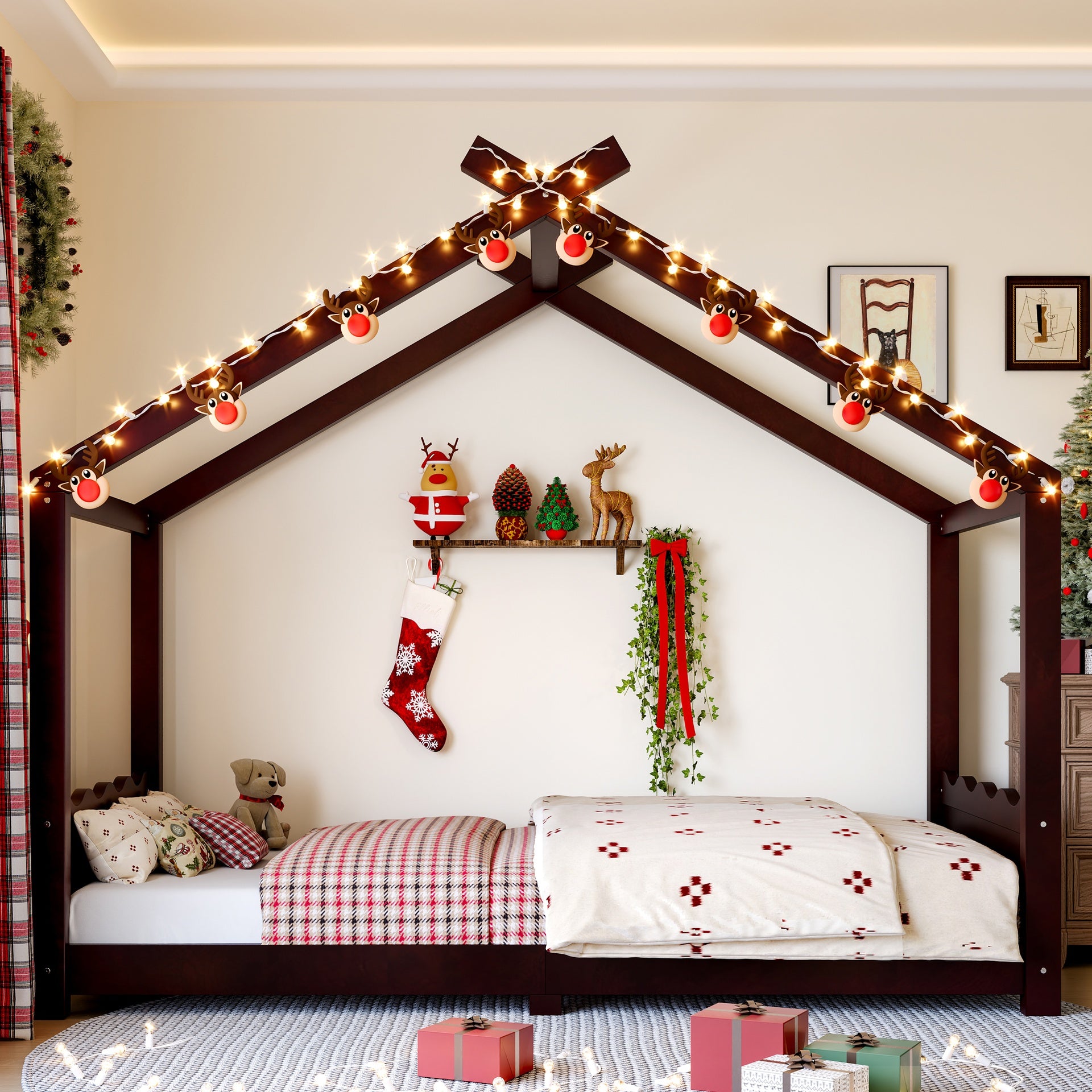 Twin House Floor Bed with Support Slats, Solid Wood House Bed Frame for Kids, No Box Spring Needed and Opening Constructure, Espresso