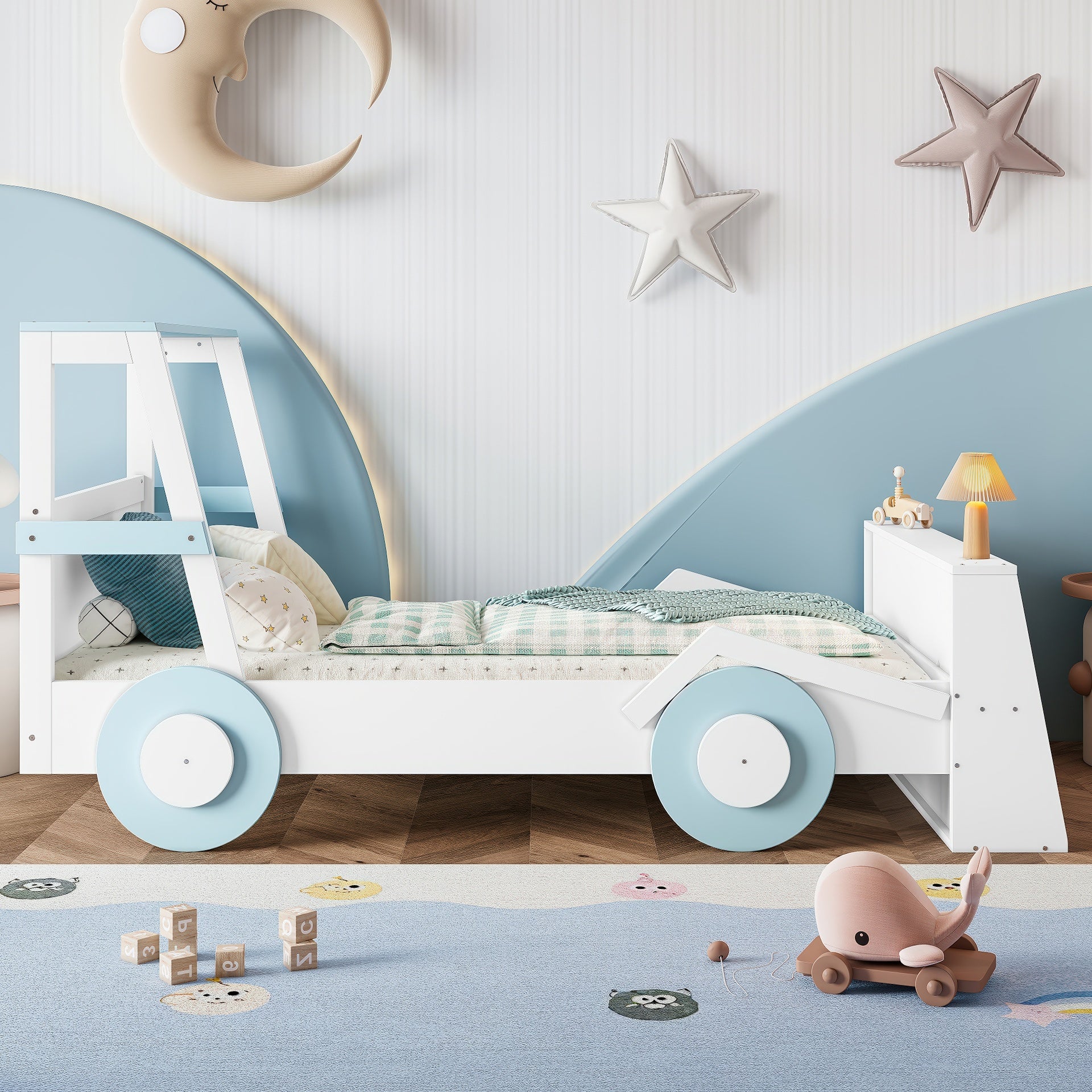 Twin Size Car Bed with Storage Shelves, Kids Platform Bed with Cute Car-shape, Childlike Design, Blue & White
