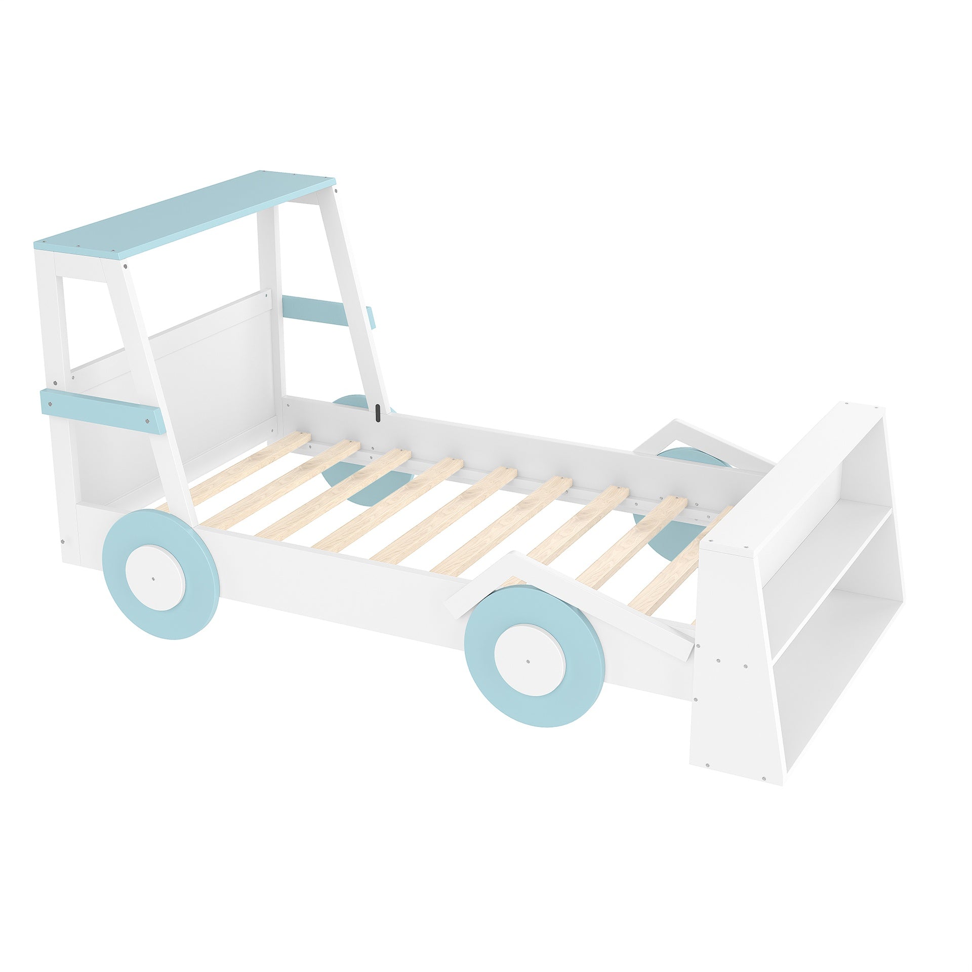 Twin Size Car Bed with Storage Shelves, Kids Platform Bed with Cute Car-shape, Childlike Design, Blue & White