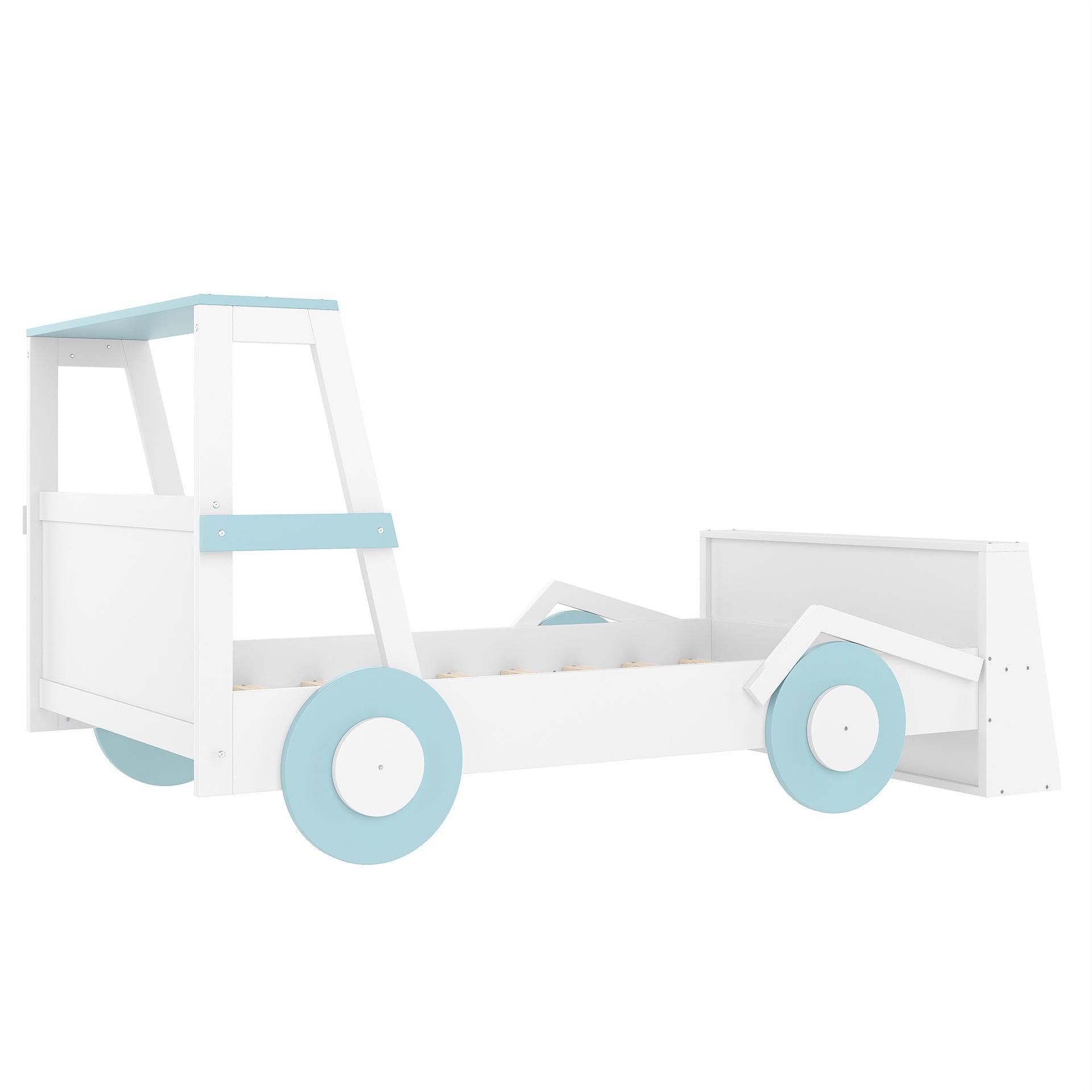 Twin Size Car Bed with Storage Shelves, Kids Platform Bed with Cute Car-shape, Childlike Design, Blue & White