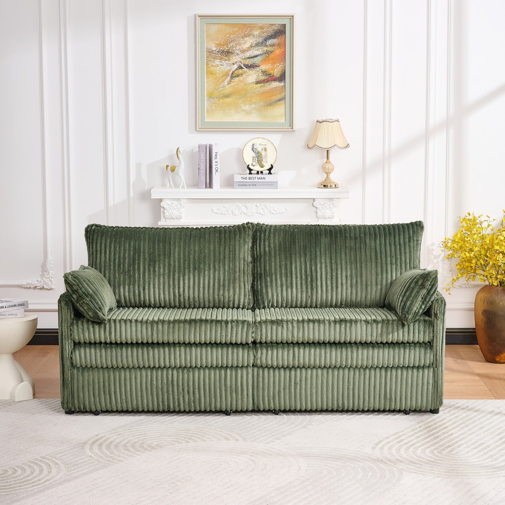 73"Convertible Sofa Bed,Pull Out Bed,3-in-1 Sofa with Side Pocket& USB Ports,Modern Corduroy Couch for Living Room, Small Space, Apartment, Bedroom, Green