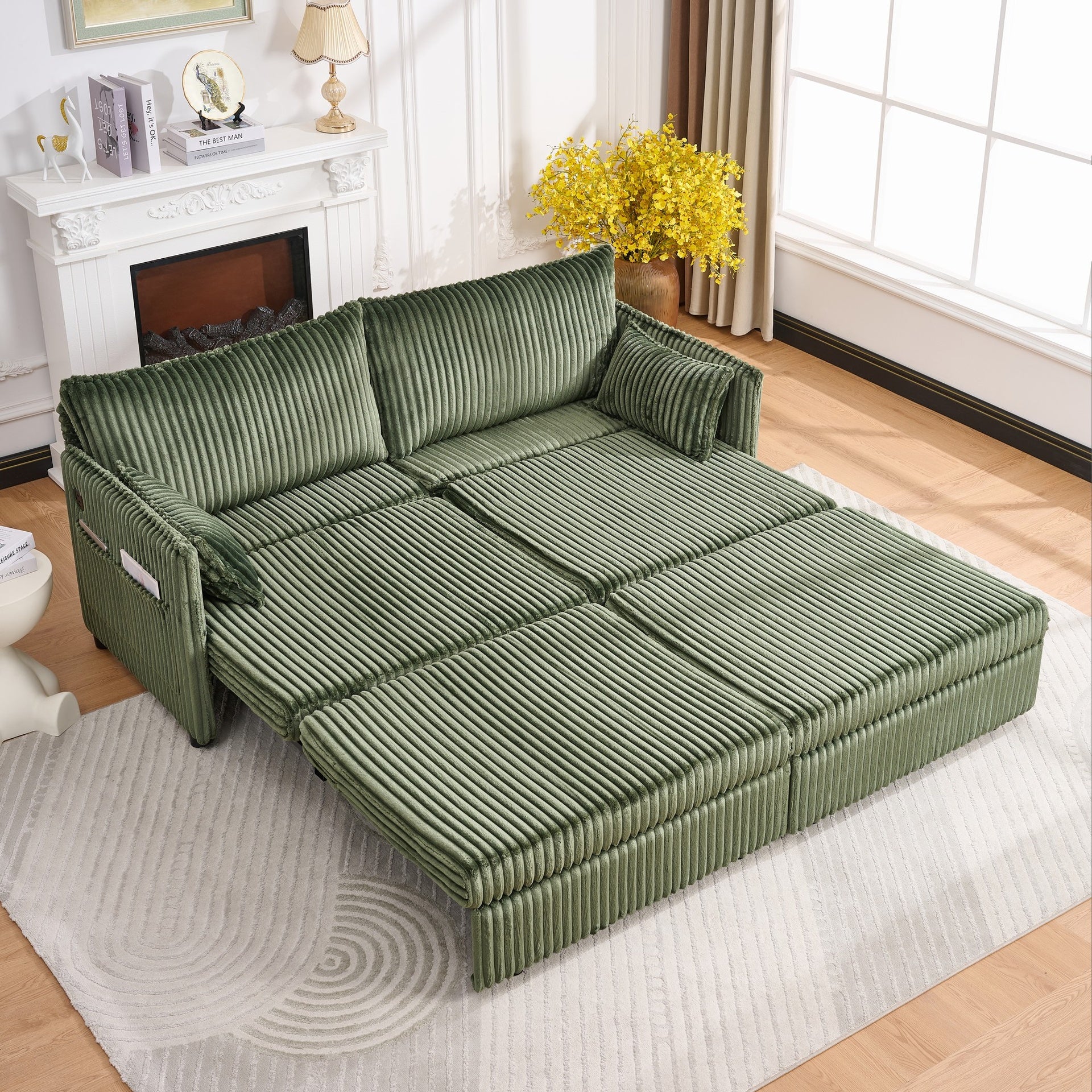73"Convertible Sofa Bed,Pull Out Bed,3-in-1 Sofa with Side Pocket& USB Ports,Modern Corduroy Couch for Living Room, Small Space, Apartment, Bedroom, Green