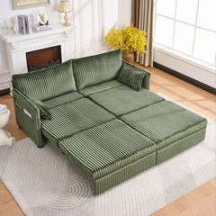 73"Convertible Sofa Bed,Pull Out Bed,3-in-1 Sofa with Side Pocket& USB Ports,Modern Corduroy Couch for Living Room, Small Space, Apartment, Bedroom, Green