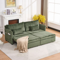 73"Convertible Sofa Bed,Pull Out Bed,3-in-1 Sofa with Side Pocket& USB Ports,Modern Corduroy Couch for Living Room, Small Space, Apartment, Bedroom, Green
