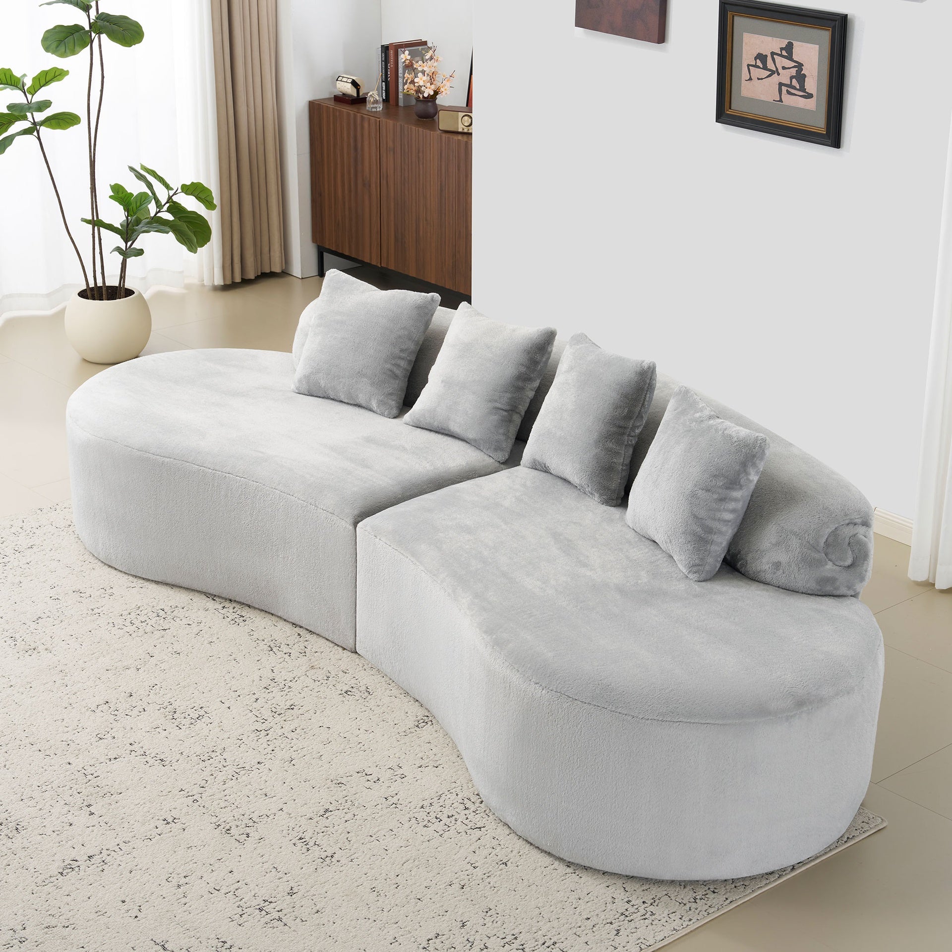 Modern and simple curved flannelette sofa. Creative multi-seater in light gray for the living room, with a combination of pillows.