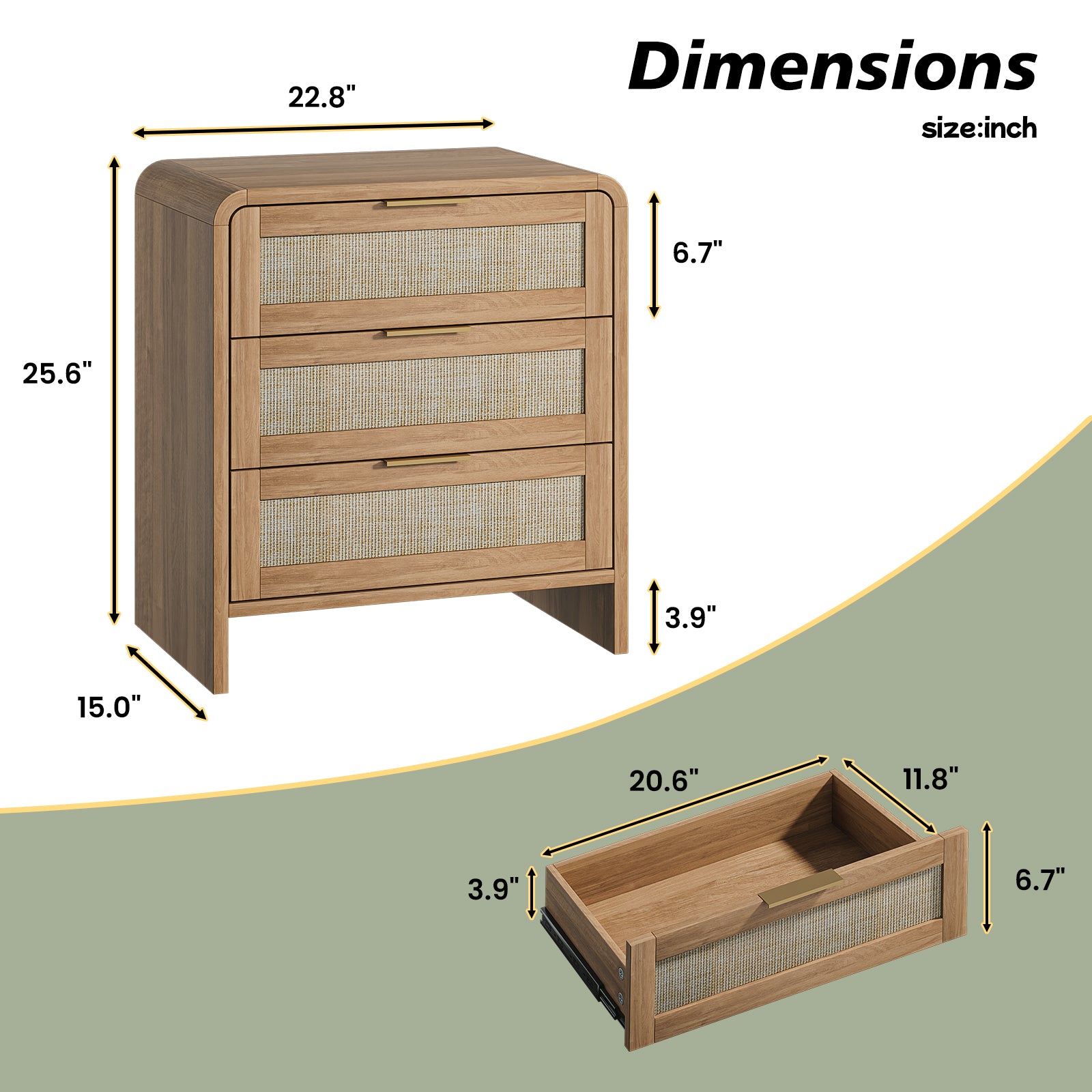 Rattan Nightstand with 3 Drawers, 22.8" Wide Curved Wooden Bedside Table, Modern Storage for Bedroom, Caramel Oak.