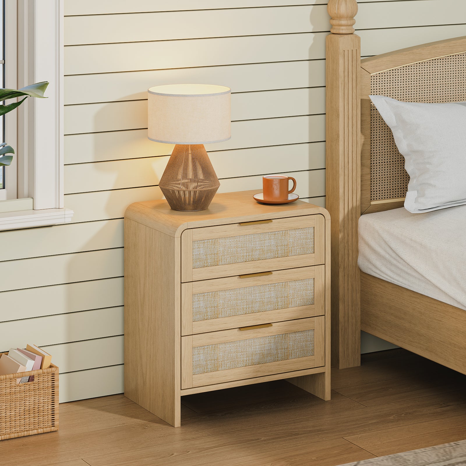 Rattan 3 Drawers Nightstand set of 2,  22.8" Wide Curved Wooden Bedside Table, Modern Storage for Bedroom, Natural Oak.