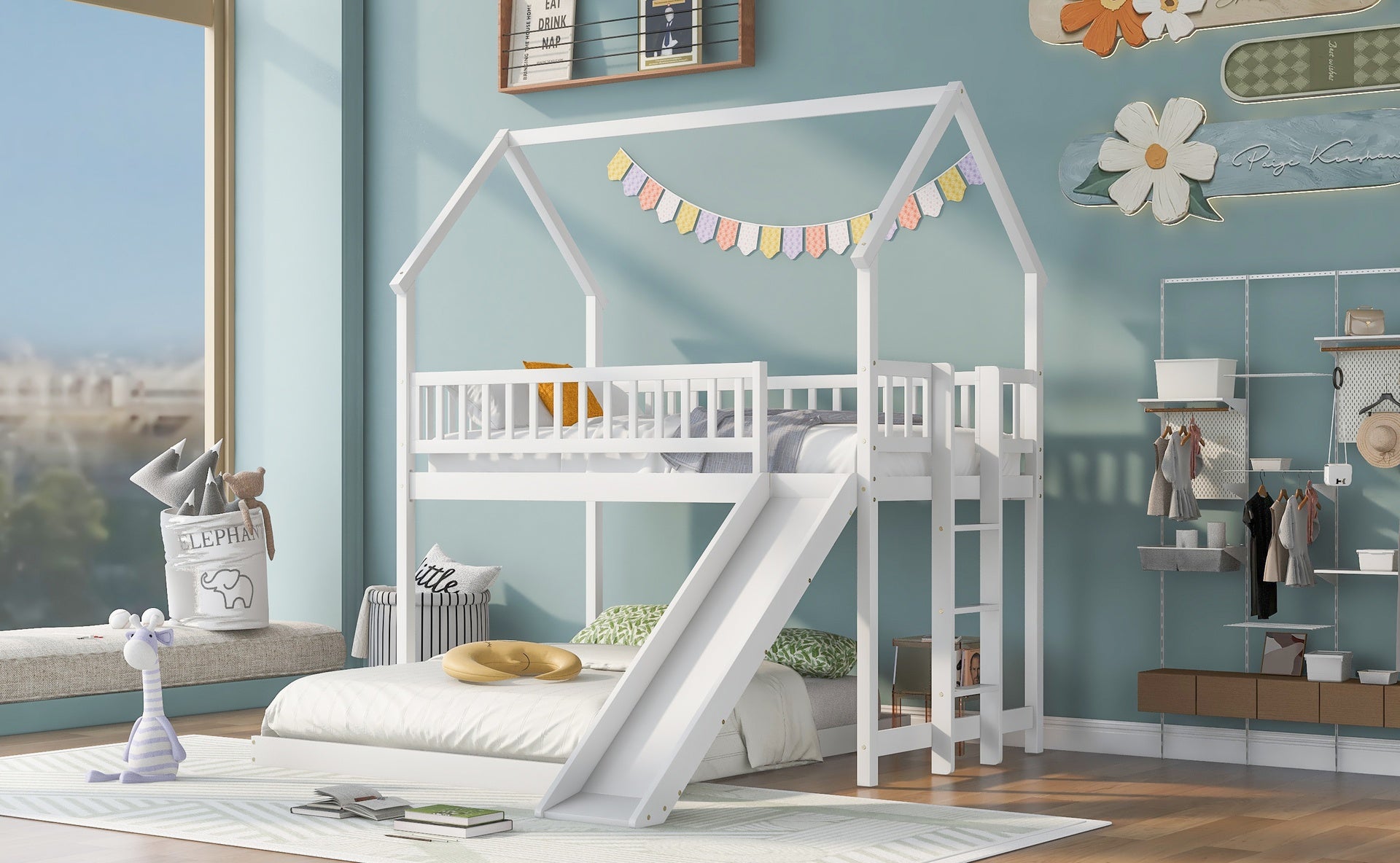 Twin over Full House Bunk Bed with Slide and Built-in Ladder, Full-Length Guardrail, White