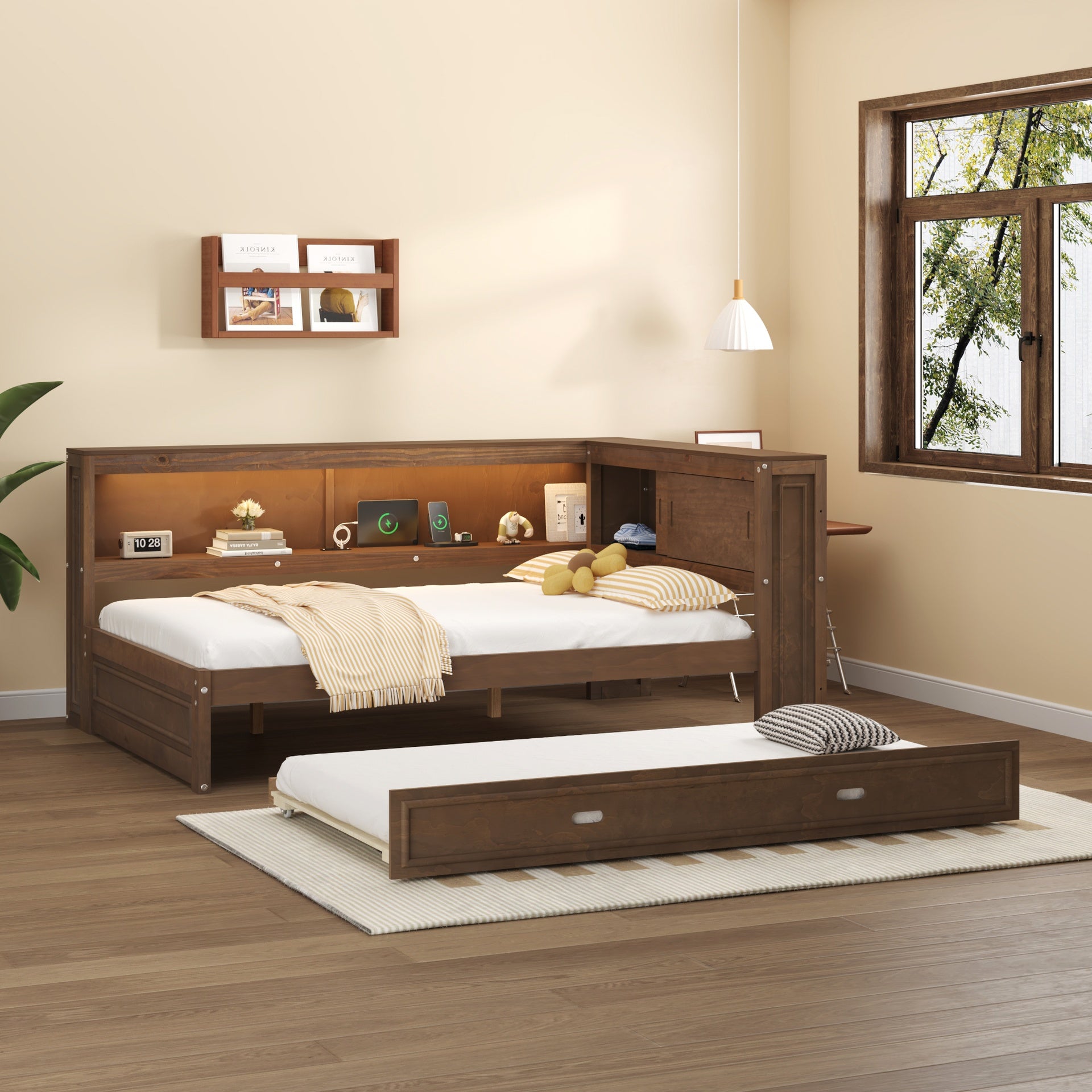 Full Size Wood Daybed with Storage Shelves, USB, LED, and Trundle, Antique Wood Color