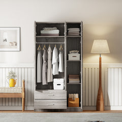 3-Door Mirror  Wardrobe with 2 Drawers and Top Cabinet,Gray