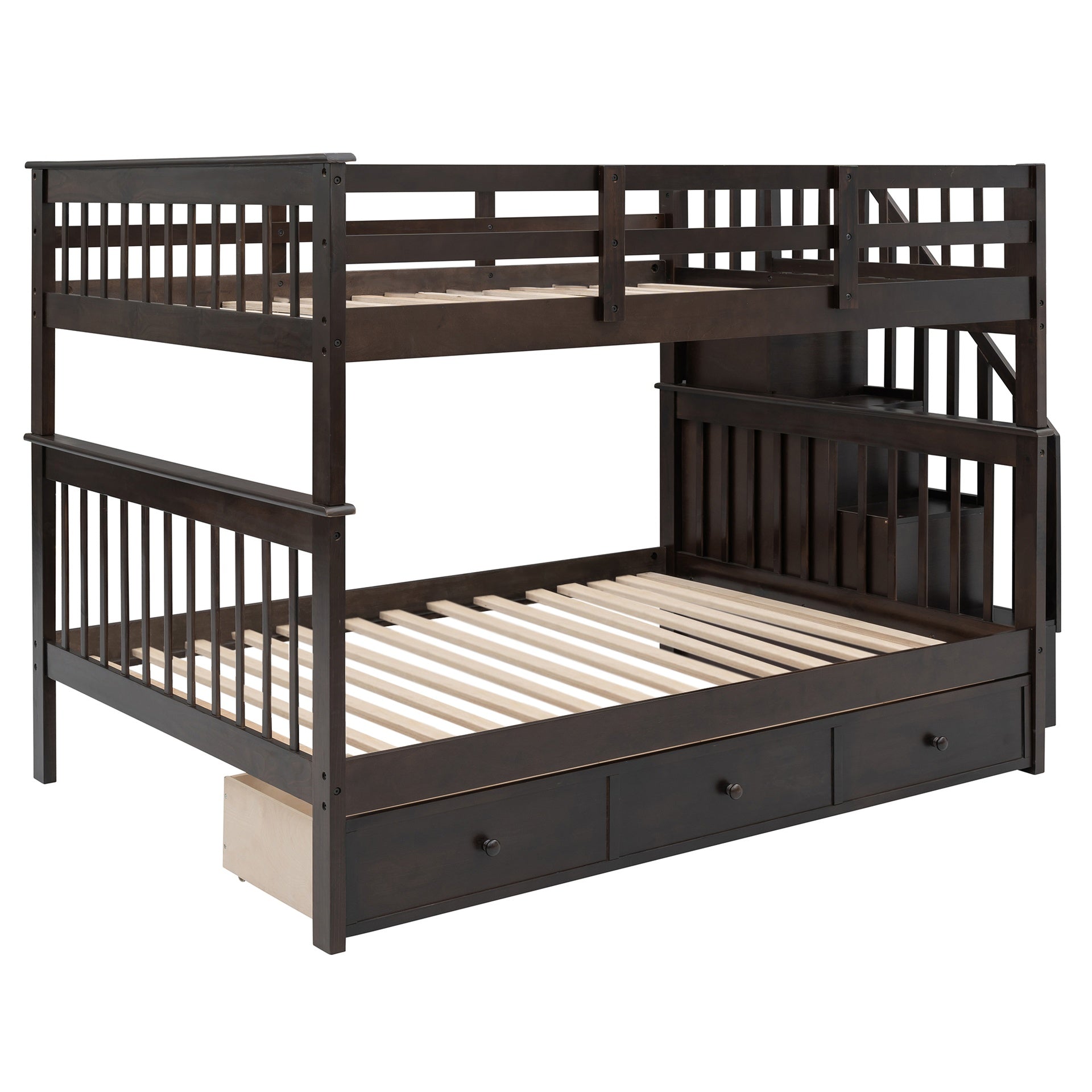 Stairway Full-Over-Full Bunk Bed with Drawer, Storage and Guard Rail for Bedroom, Espresso