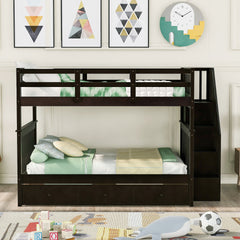 Stairway Full-Over-Full Bunk Bed with Drawer, Storage and Guard Rail for Bedroom, Espresso
