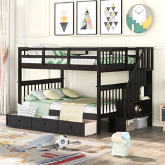 Stairway Full-Over-Full Bunk Bed with Drawer, Storage and Guard Rail for Bedroom, Espresso