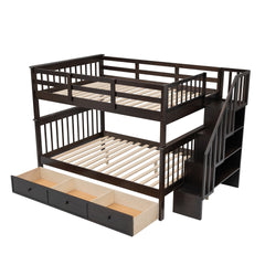 Stairway Full-Over-Full Bunk Bed with Drawer, Storage and Guard Rail for Bedroom, Espresso
