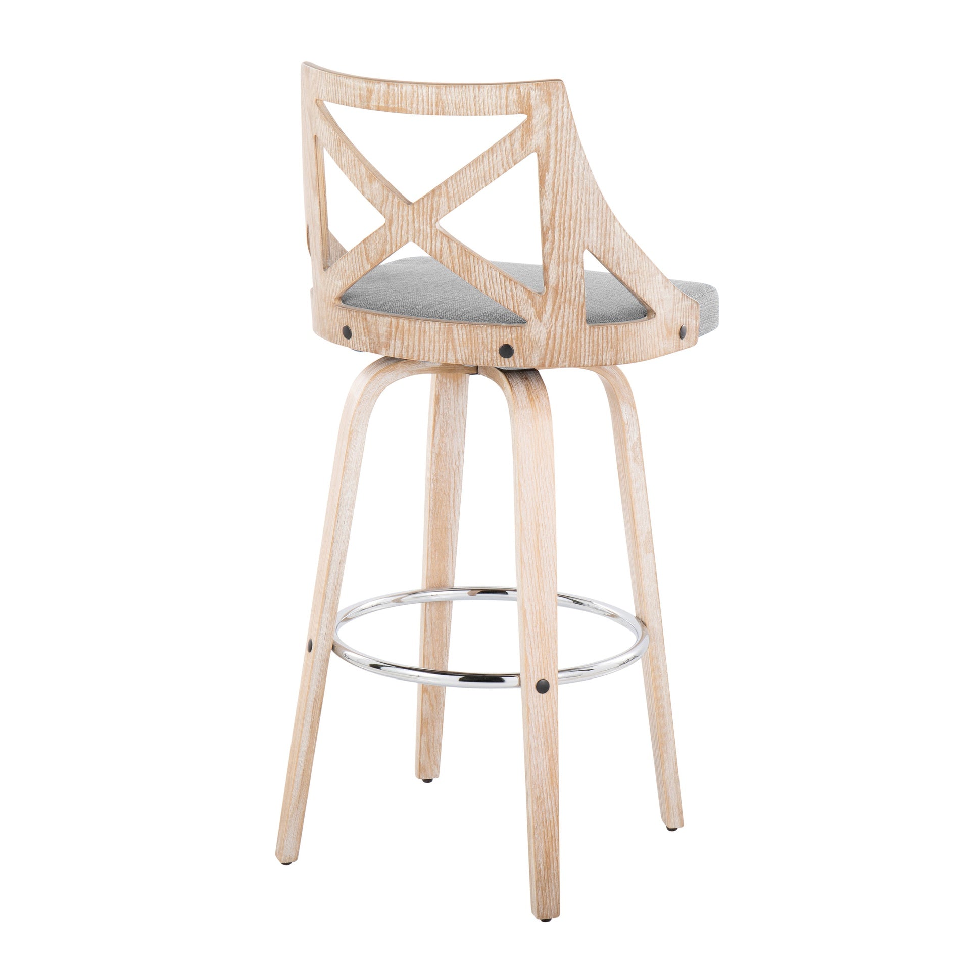 Charlotte 30" Farmhouse Fixed-Height Barstool with Swivel in White Washed Wood and Light Grey Fabric with Round Chrome Metal Footrest by LumiSource - Set of 2