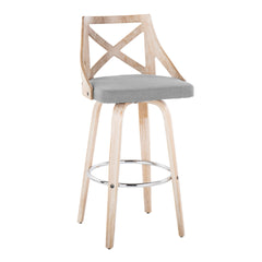 Charlotte 30" Farmhouse Fixed-Height Barstool with Swivel in White Washed Wood and Light Grey Fabric with Round Chrome Metal Footrest by LumiSource - Set of 2