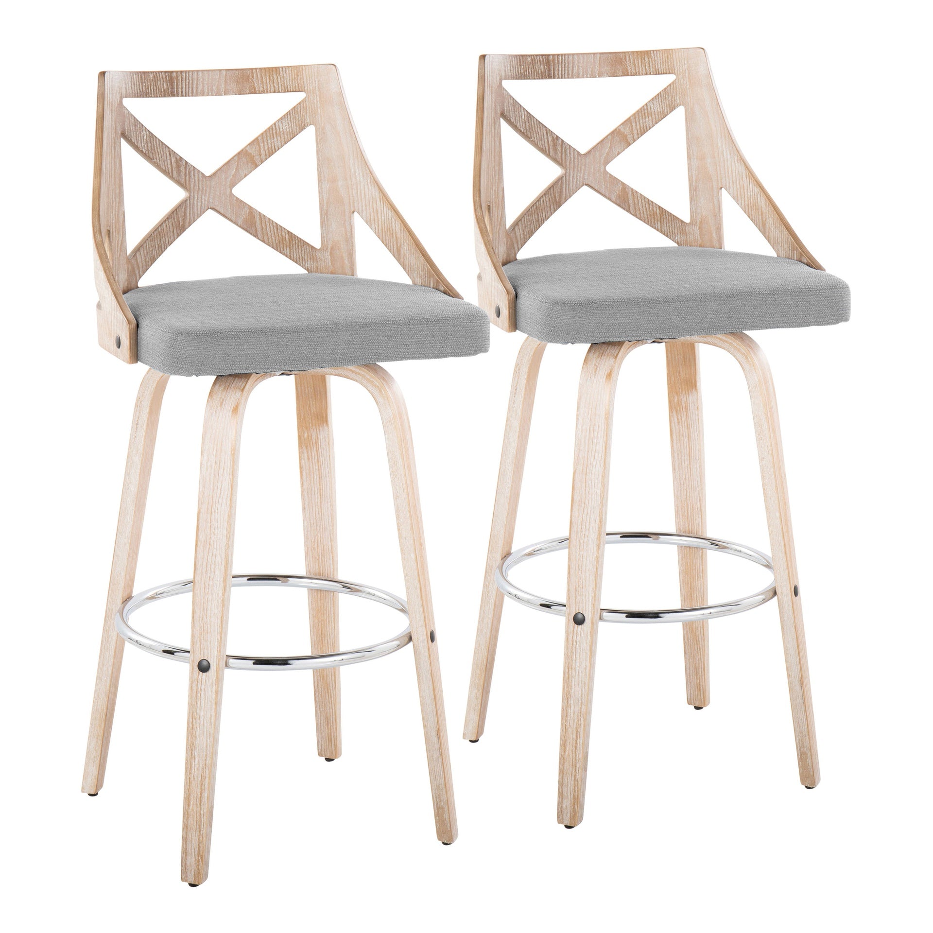 Charlotte 30" Farmhouse Fixed-Height Barstool with Swivel in White Washed Wood and Light Grey Fabric with Round Chrome Metal Footrest by LumiSource - Set of 2