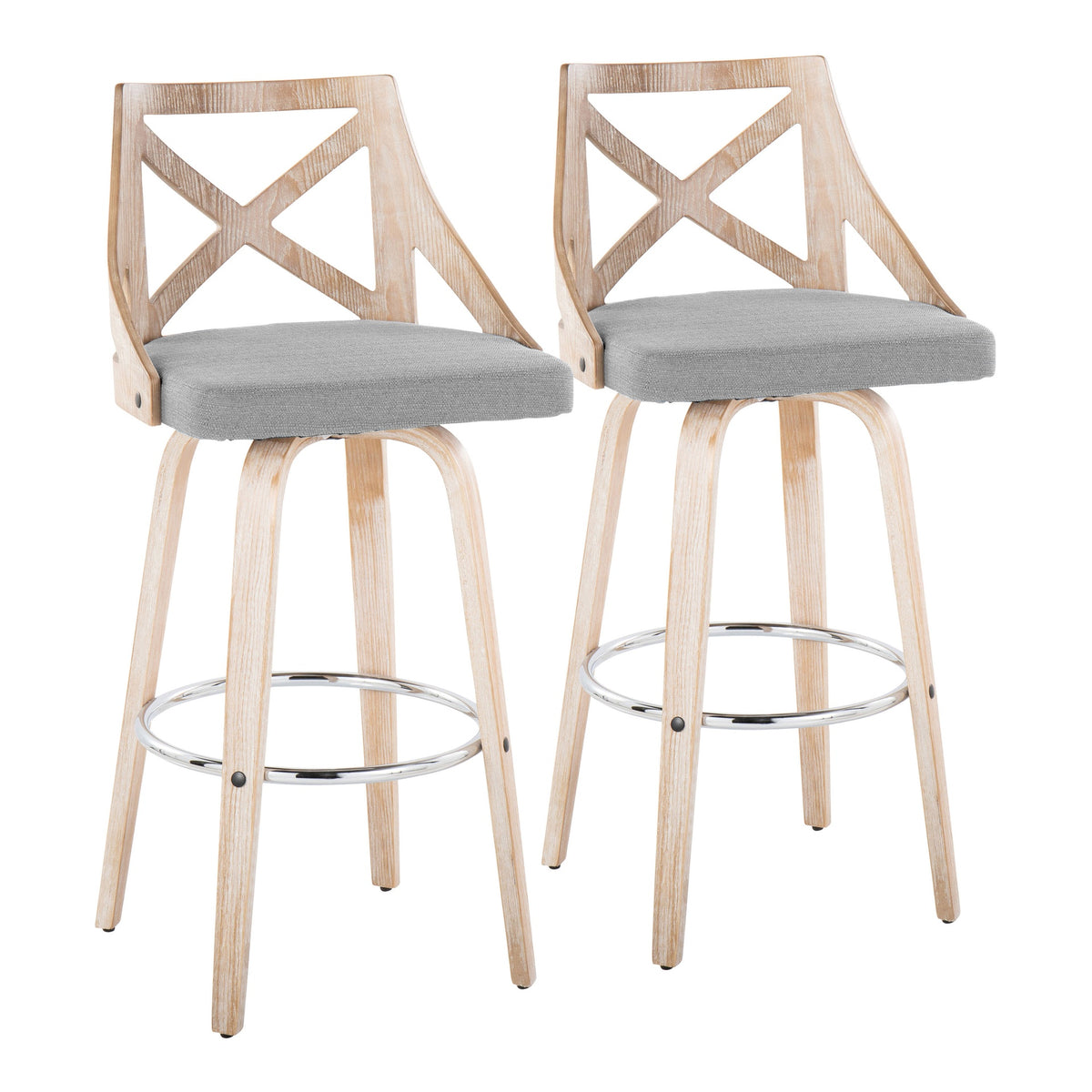 Charlotte 30" Farmhouse Fixed-Height Barstool with Swivel in White Washed Wood and Light Grey Fabric with Round Chrome Metal Footrest by LumiSource - Set of 2