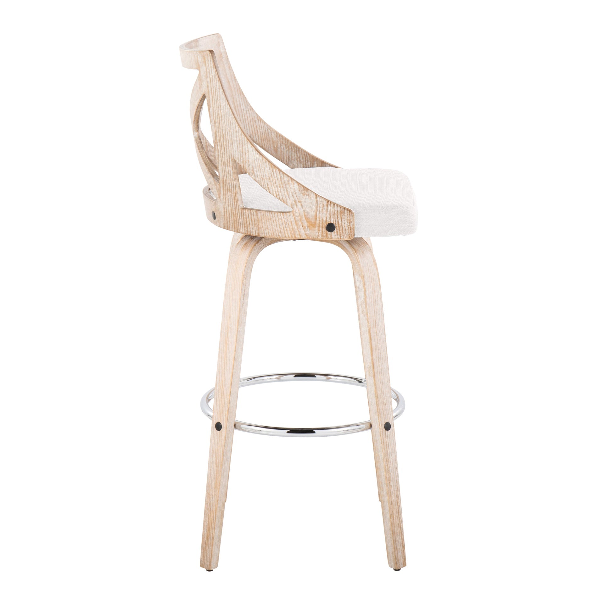 Charlotte 30" Farmhouse Fixed-Height Barstool with Swivel in White Washed Wood, Cream Fabric and Round Chrome Metal Footrest by LumiSource - Set of 2