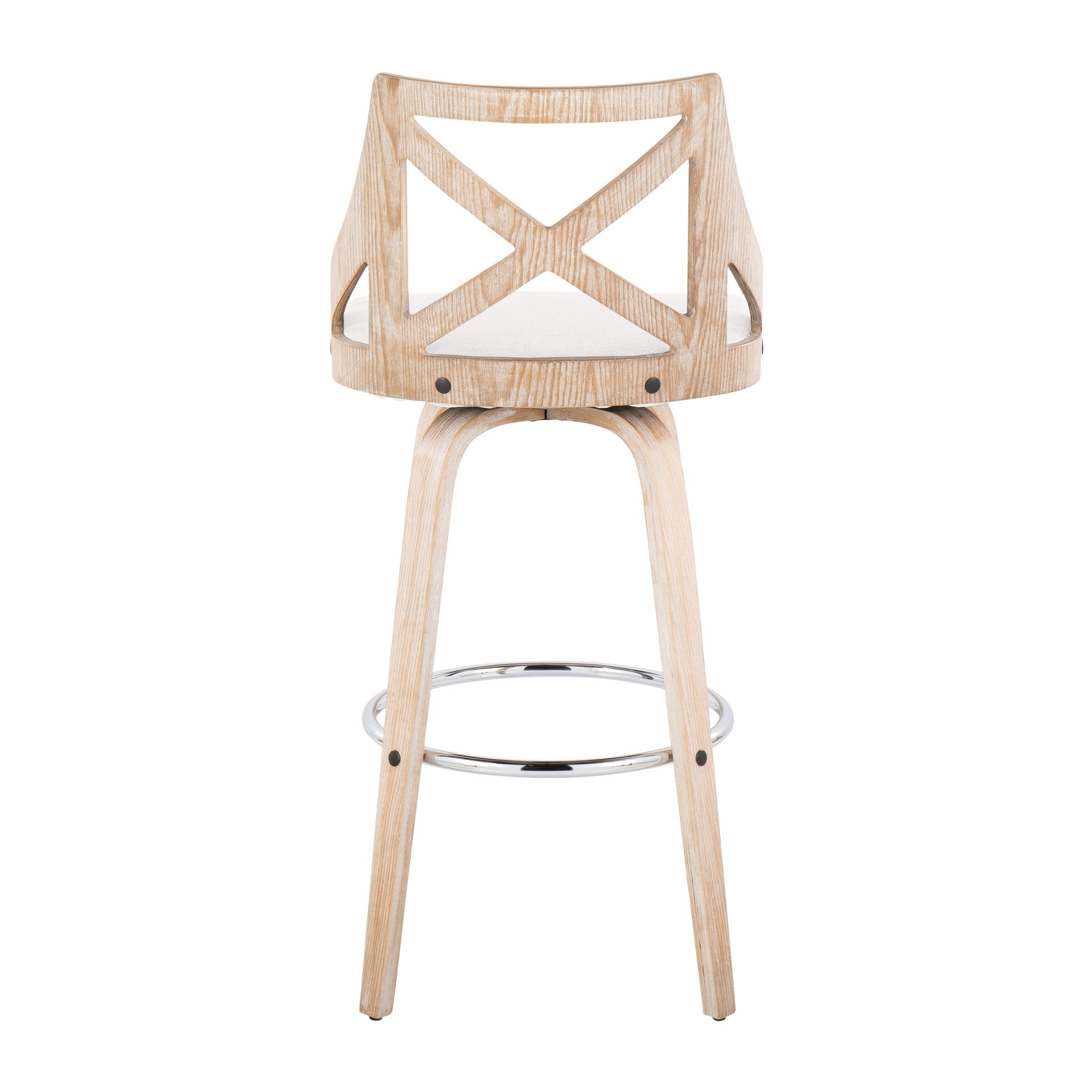 Charlotte 30" Farmhouse Fixed-Height Barstool with Swivel in White Washed Wood, Cream Fabric and Round Chrome Metal Footrest by LumiSource - Set of 2