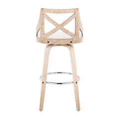 Charlotte 30" Farmhouse Fixed-Height Barstool with Swivel in White Washed Wood, Cream Fabric and Round Chrome Metal Footrest by LumiSource - Set of 2