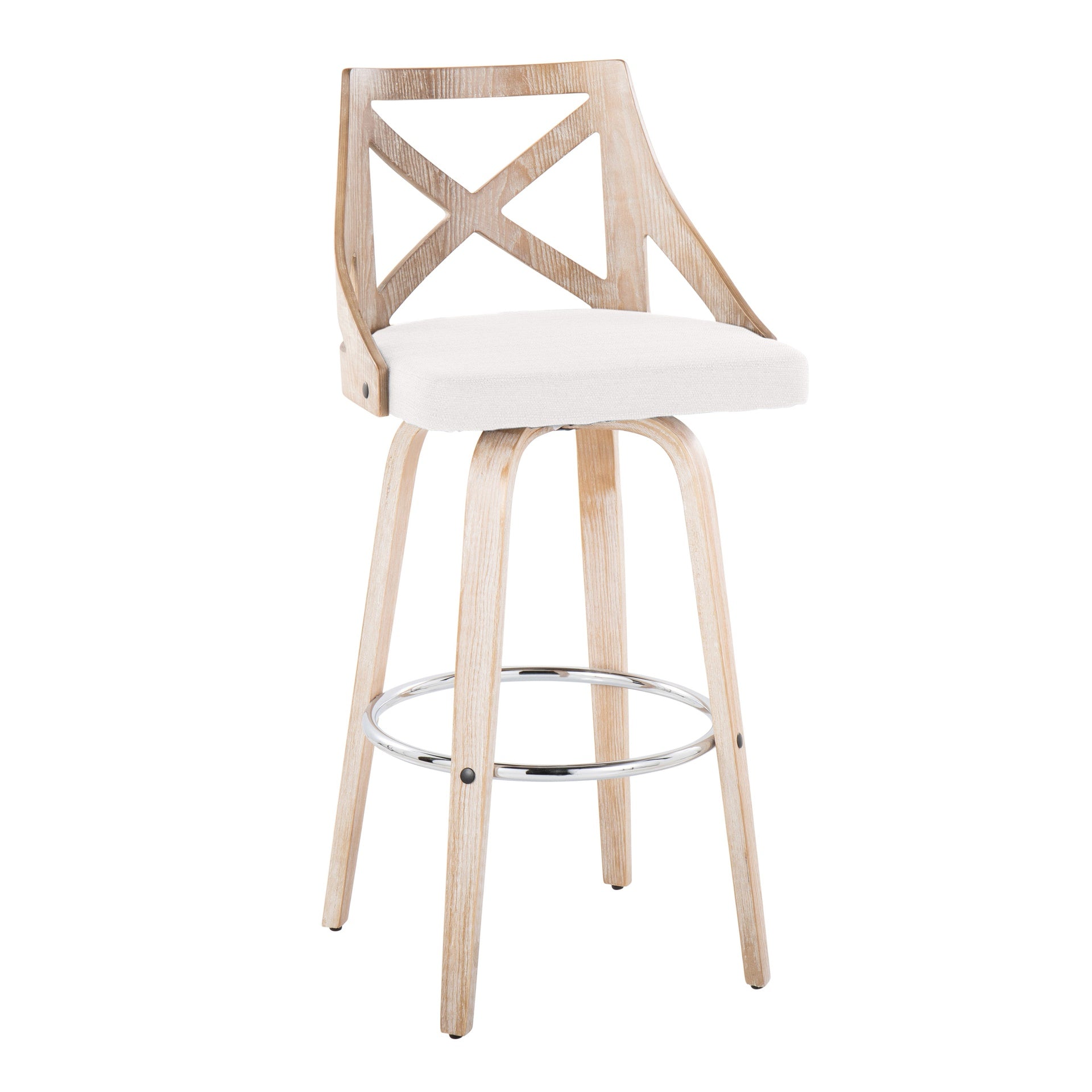 Charlotte 30" Farmhouse Fixed-Height Barstool with Swivel in White Washed Wood, Cream Fabric and Round Chrome Metal Footrest by LumiSource - Set of 2