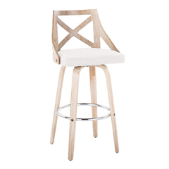 Charlotte 30" Farmhouse Fixed-Height Barstool with Swivel in White Washed Wood, Cream Fabric and Round Chrome Metal Footrest by LumiSource - Set of 2