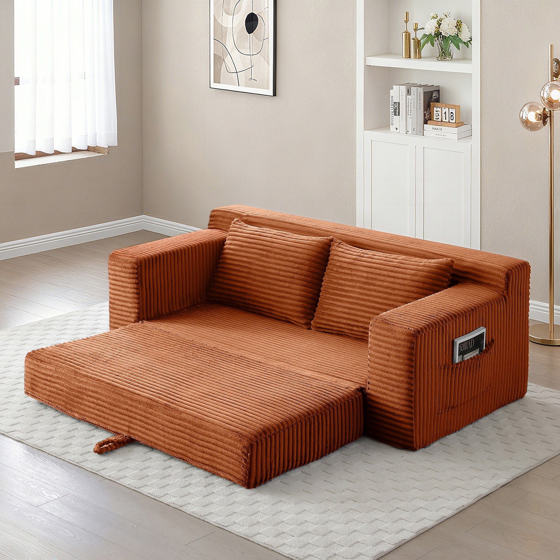 Memory Foam Cloud Loveseat Sofa, 2 in 1 Convertible Folding Couch Bed, No Assembly Compressed Corduroy Floor Lounge Sofa for Apartment Office Bedroom Living Room