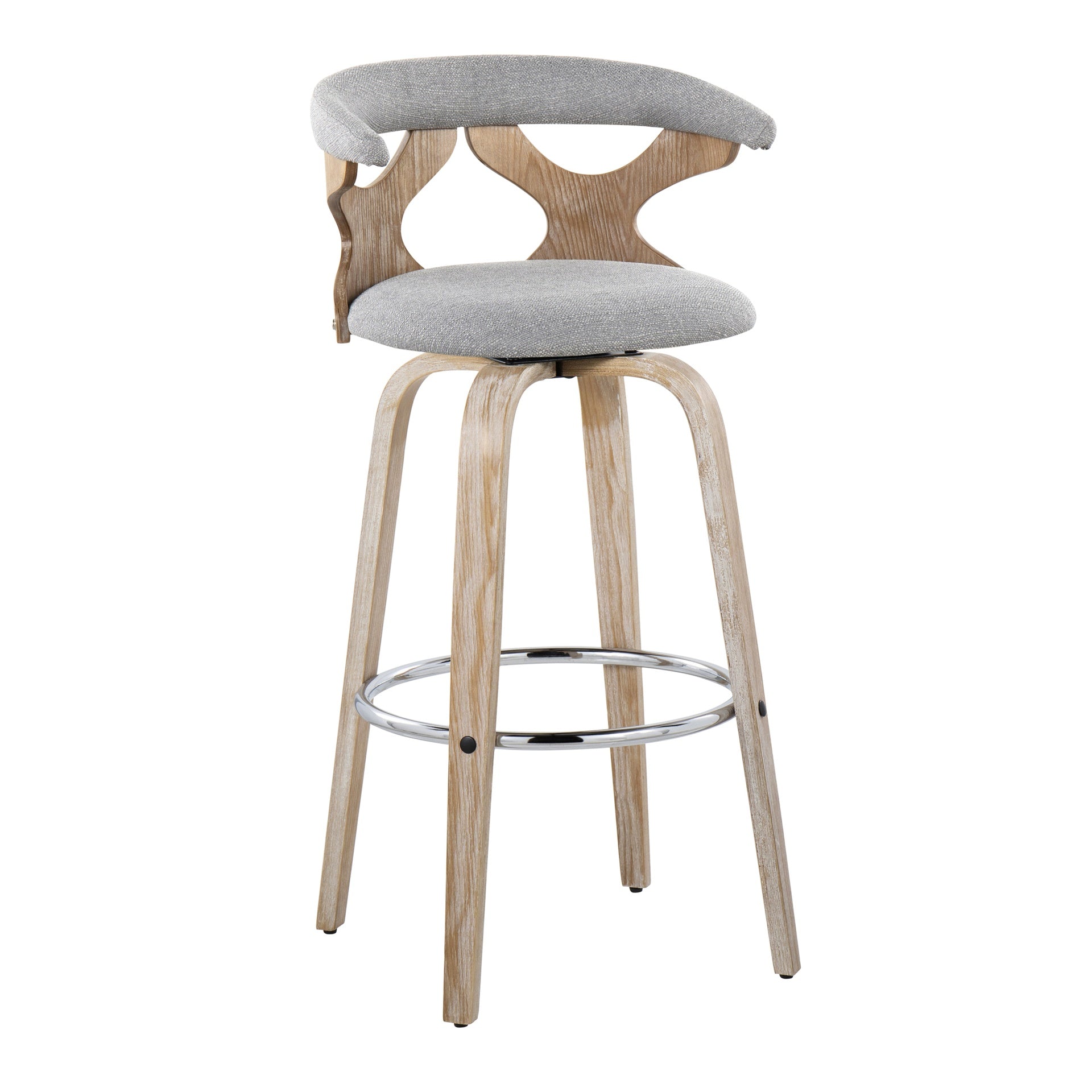 Gardenia 30" Contemporary Fixed-Height Barstool with Swivel in White Washed Wood and Grey Fabric with Round Chrome Metal Footrest by LumiSource - Set of 2