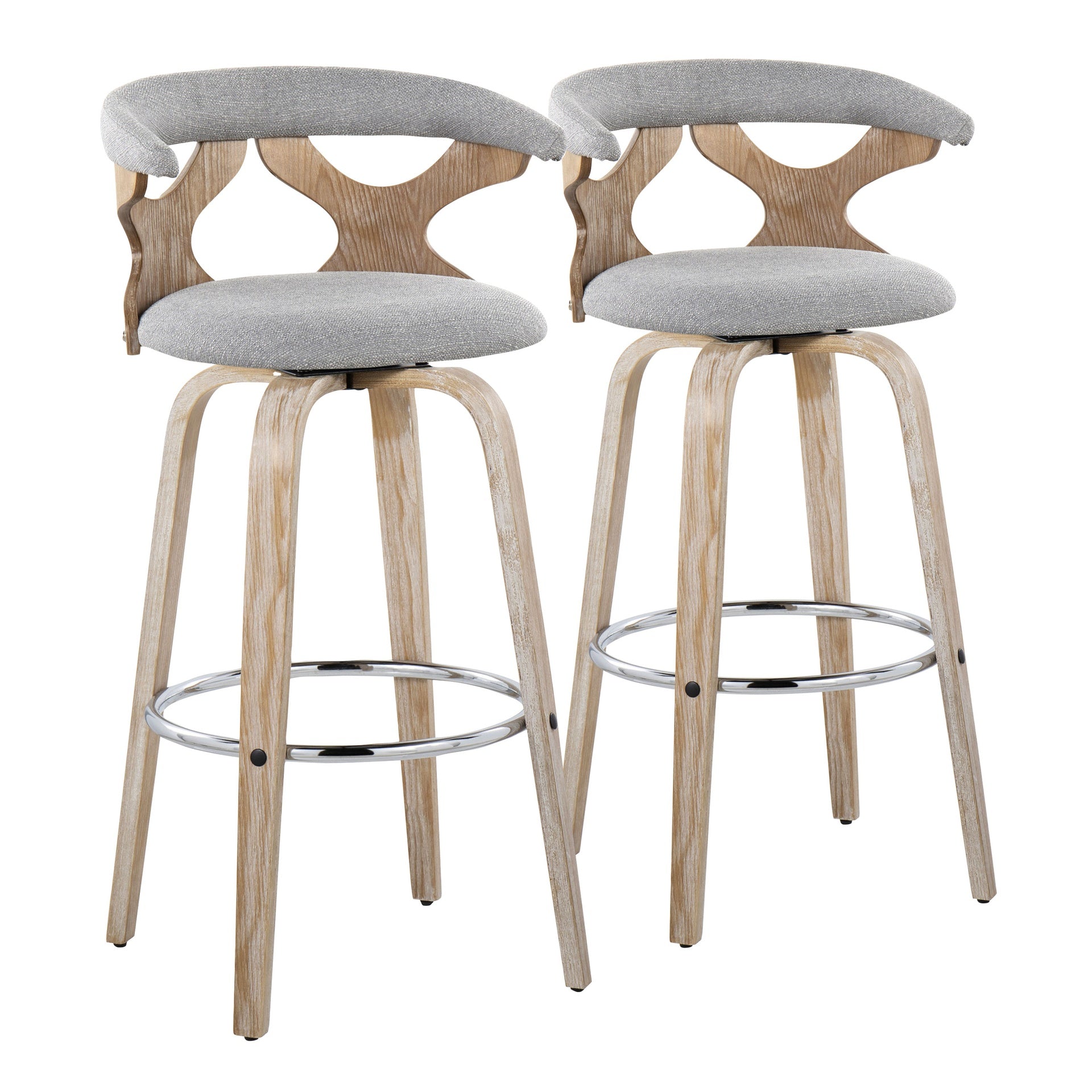 Gardenia 30" Contemporary Fixed-Height Barstool with Swivel in White Washed Wood and Grey Fabric with Round Chrome Metal Footrest by LumiSource - Set of 2