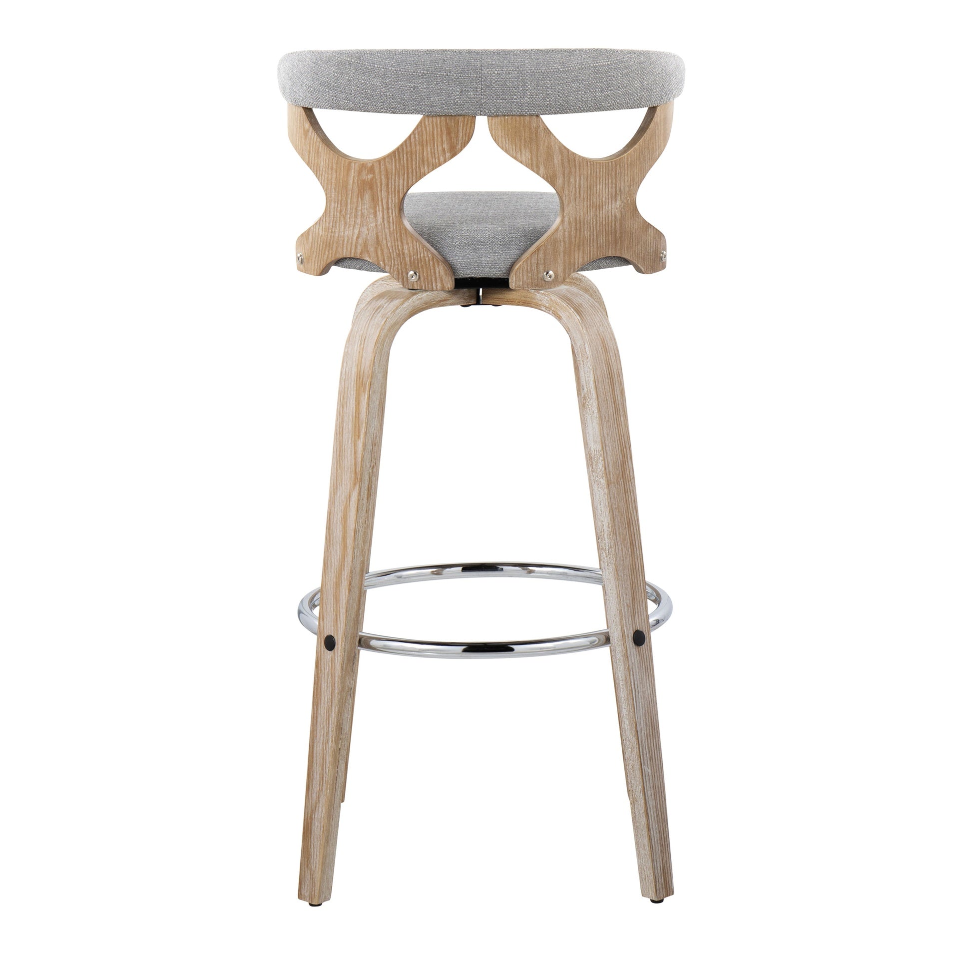Gardenia 30" Contemporary Fixed-Height Barstool with Swivel in White Washed Wood and Grey Fabric with Round Chrome Metal Footrest by LumiSource - Set of 2