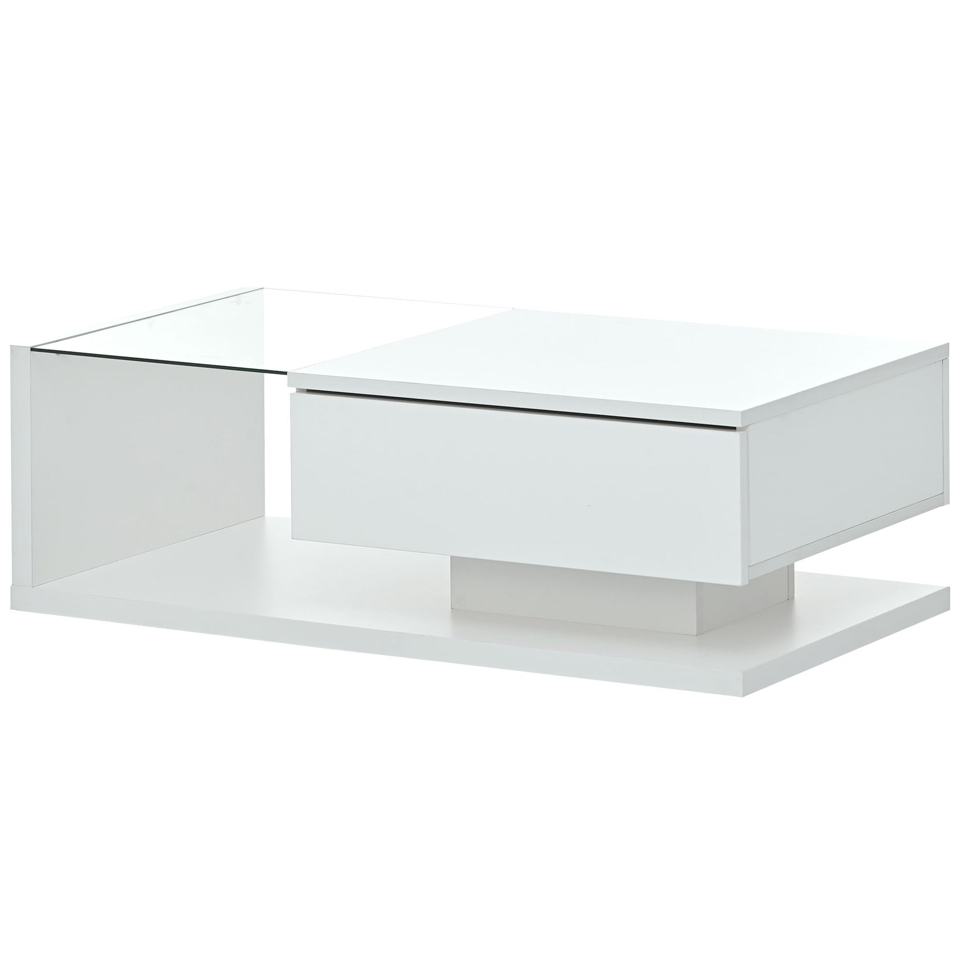 [VIDEO provided] ON-TREND Modern Coffee Table with Tempered Glass, Wooden Cocktail Table with High-gloss UV Surface, Modernist 2-Tier Rectangle Center Table for Living Room, White