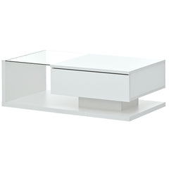 [VIDEO provided] ON-TREND Modern Coffee Table with Tempered Glass, Wooden Cocktail Table with High-gloss UV Surface, Modernist 2-Tier Rectangle Center Table for Living Room, White