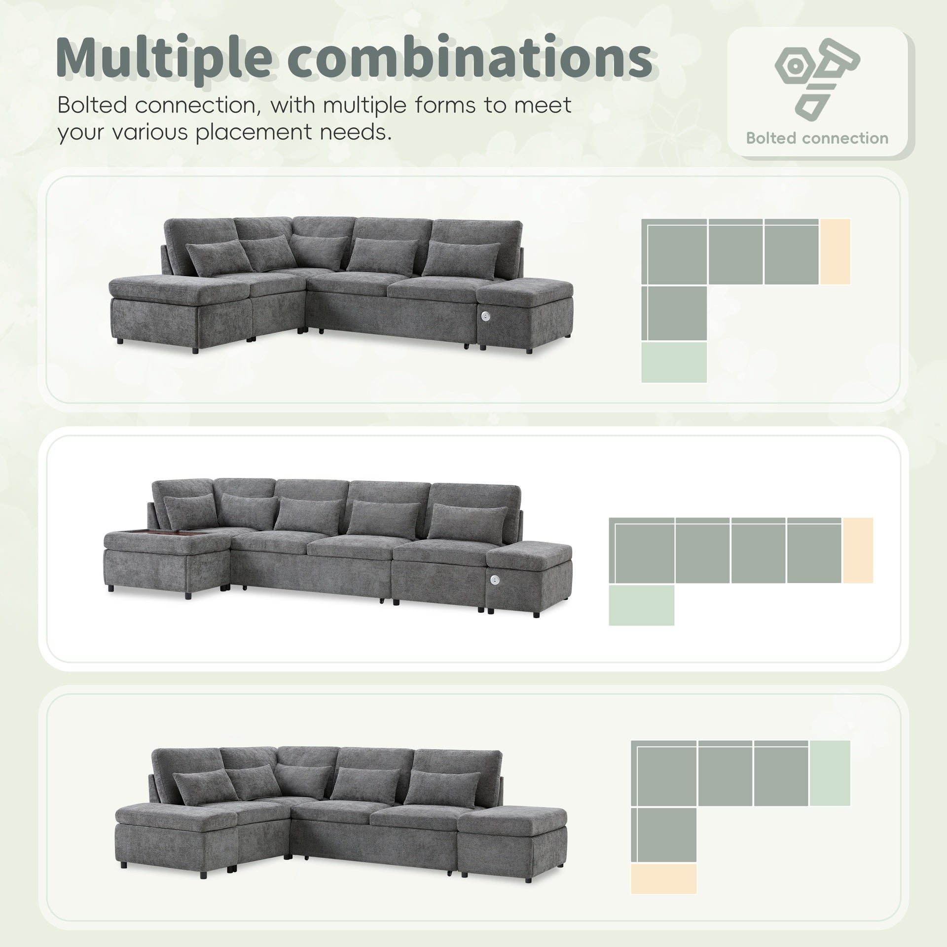 107'' Sectional Sleeper Sofa Bed with Pull Out Couch, L-shaped with Adjustable Armrest, USB&Type-C Charging, Free Movement Storage Ottoman, Free Combination for Living Room&Apartment, Chenille