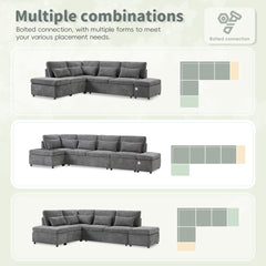 107'' Sectional Sleeper Sofa Bed with Pull Out Couch, L-shaped with Adjustable Armrest, USB&Type-C Charging, Free Movement Storage Ottoman, Free Combination for Living Room&Apartment, Chenille