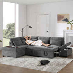 107'' Sectional Sleeper Sofa Bed with Pull Out Couch, L-shaped with Adjustable Armrest, USB&Type-C Charging, Free Movement Storage Ottoman, Free Combination for Living Room&Apartment, Chenille