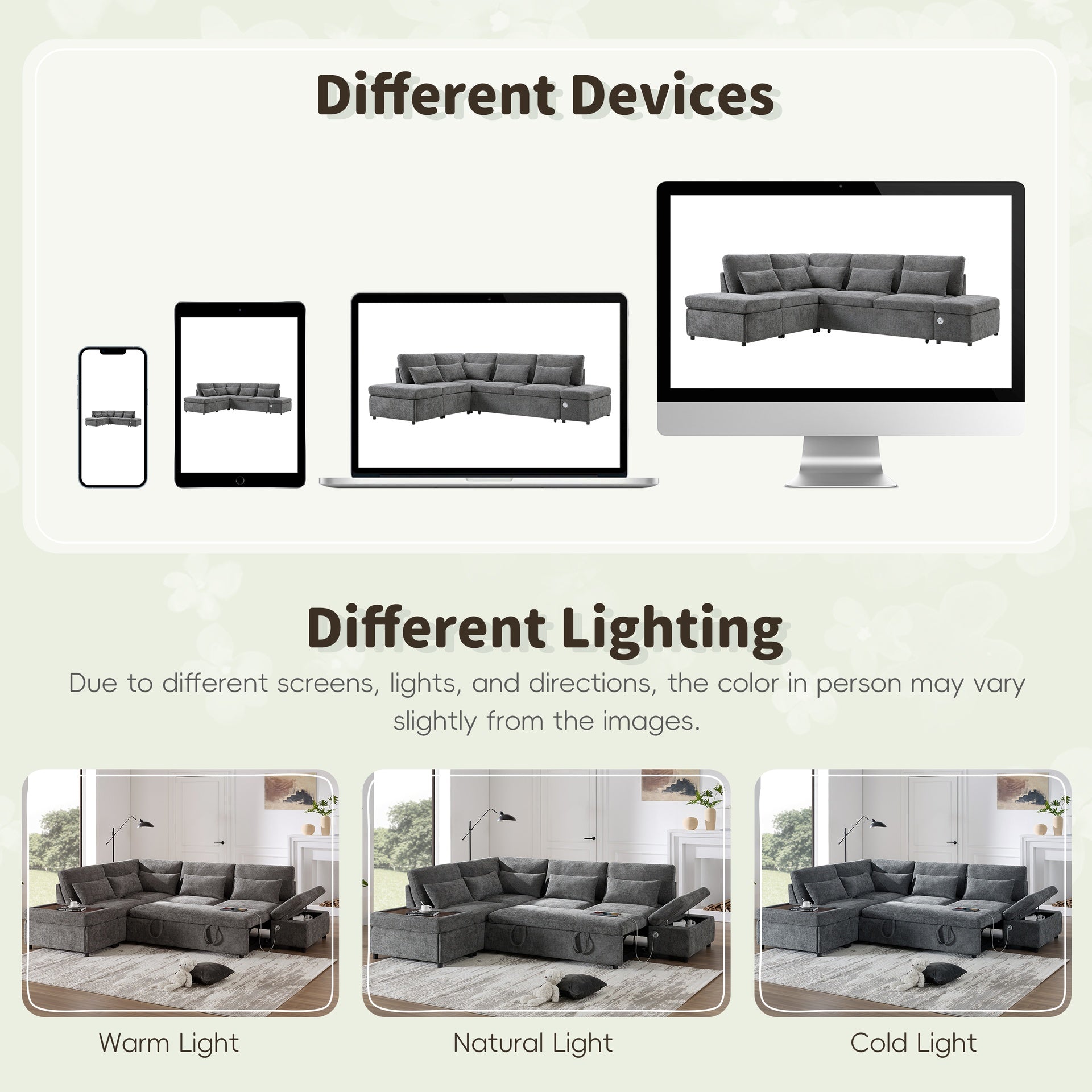 107'' Sectional Sleeper Sofa Bed with Pull Out Couch, L-shaped with Adjustable Armrest, USB&Type-C Charging, Free Movement Storage Ottoman, Free Combination for Living Room&Apartment, Chenille
