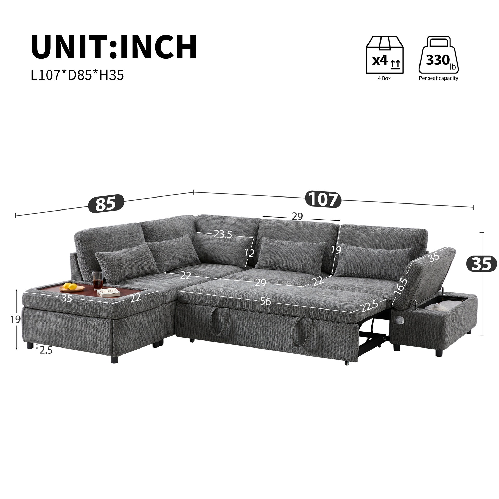 107'' Sectional Sleeper Sofa Bed with Pull Out Couch, L-shaped with Adjustable Armrest, USB&Type-C Charging, Free Movement Storage Ottoman, Free Combination for Living Room&Apartment, Chenille